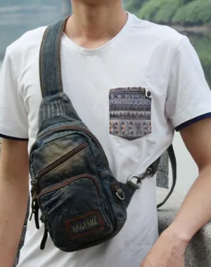 Fashion Jean Blue Mens Sling Bag Chest Bags Denim Sling Pack One Shoulder Backpacks For Men