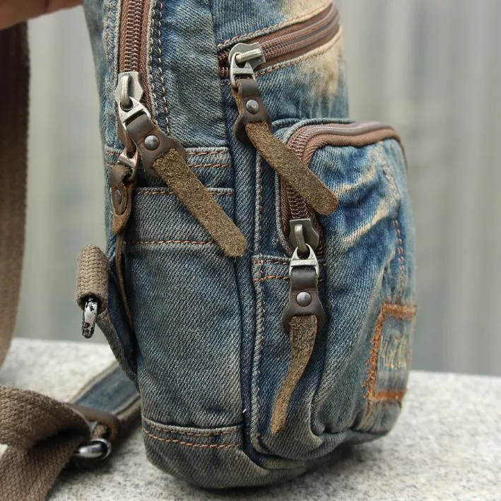 Fashion Jean Blue Mens Sling Bag Chest Bags Denim Sling Pack One Shoulder Backpacks For Men
