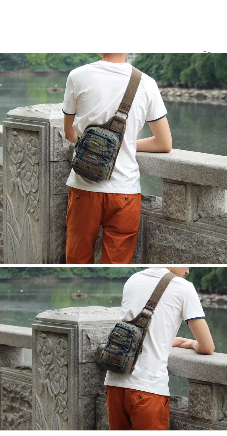 Fashion Jean Blue Mens Small Sling Bag Chest Bags Blue Fashion Denim One Shoulder Backpacks For Men