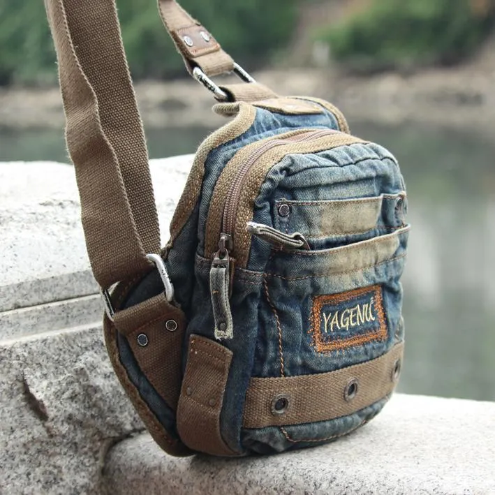Fashion Jean Blue Mens Small Sling Bag Chest Bags Blue Fashion Denim One Shoulder Backpacks For Men