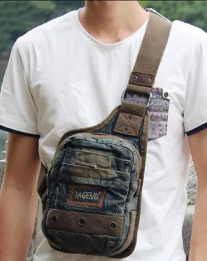 Fashion Jean Blue Mens Small Sling Bag Chest Bags Blue Fashion Denim One Shoulder Backpacks For Men