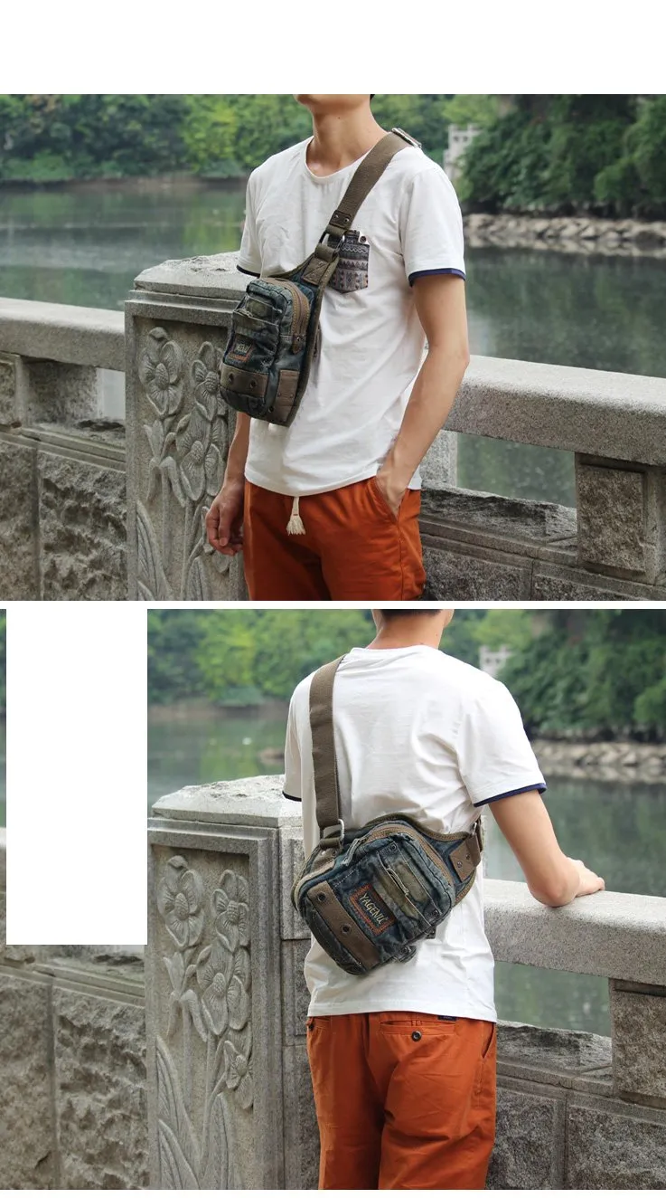 Fashion Jean Blue Mens Small Sling Bag Chest Bags Blue Fashion Denim One Shoulder Backpacks For Men