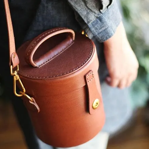 Fashion Small Womens Brown Leather Bucket Shoulder Bag Cute Bucket Handbag Round Shaped Purses for Ladies