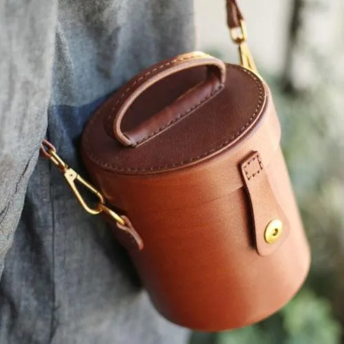 Fashion Small Womens Brown Leather Bucket Shoulder Bag Cute Bucket Handbag Round Shaped Purses for Ladies