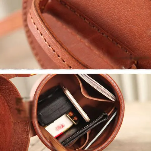 Fashion Small Womens Brown Leather Bucket Shoulder Bag Cute Bucket Handbag Round Shaped Purses for Ladies