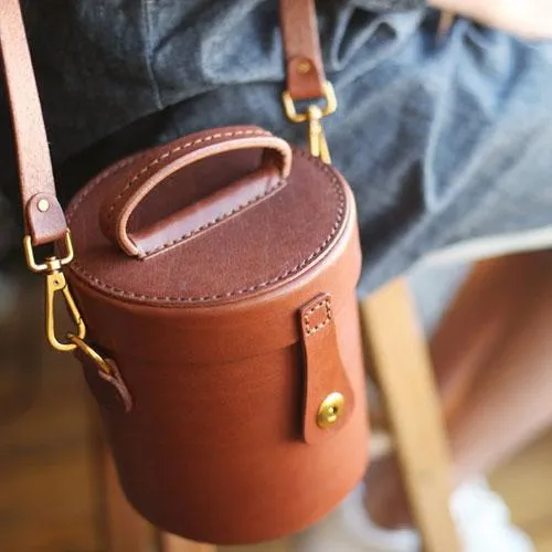 Fashion Small Womens Brown Leather Bucket Shoulder Bag Cute Bucket Handbag Round Shaped Purses for Ladies