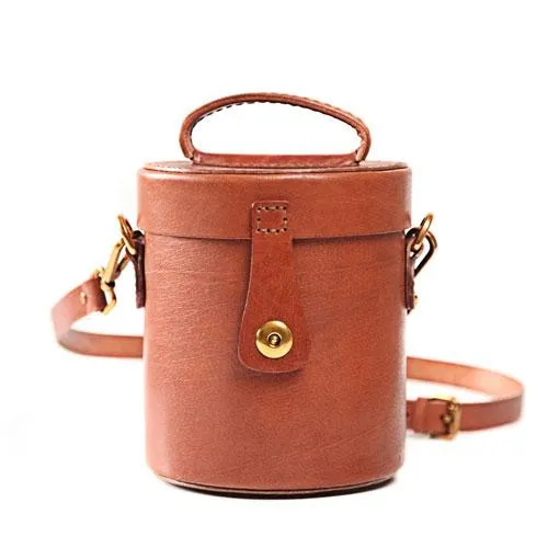 Fashion Small Womens Brown Leather Bucket Shoulder Bag Cute Bucket Handbag Round Shaped Purses for Ladies