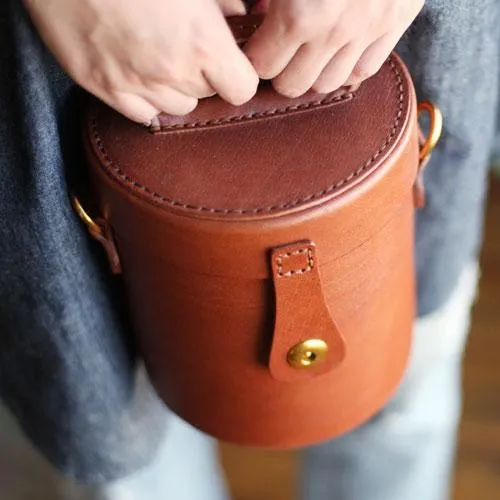 Fashion Small Womens Brown Leather Bucket Shoulder Bag Cute Bucket Handbag Round Shaped Purses for Ladies