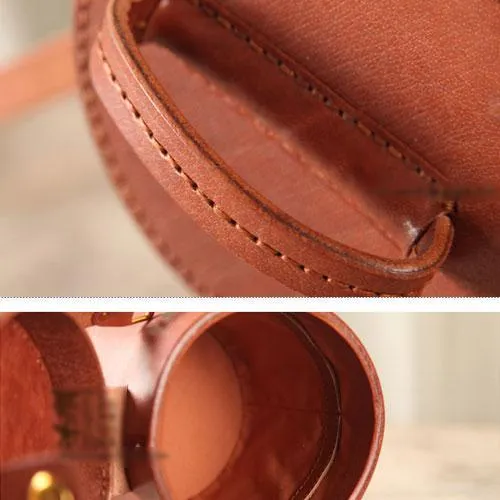 Fashion Small Womens Brown Leather Bucket Shoulder Bag Cute Bucket Handbag Round Shaped Purses for Ladies