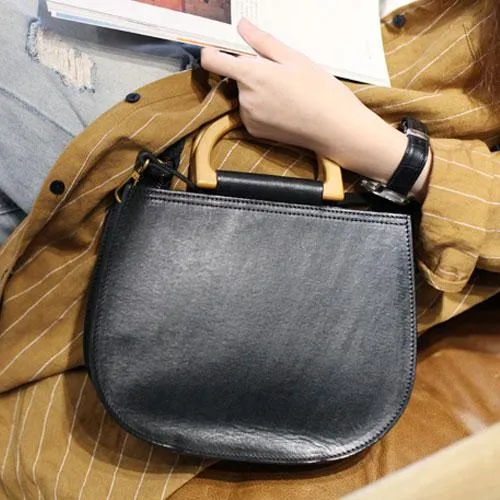 Fashion Womens Leather Circle Handle Shoulder Handbag Black Wooden Round Shaped Side Purses