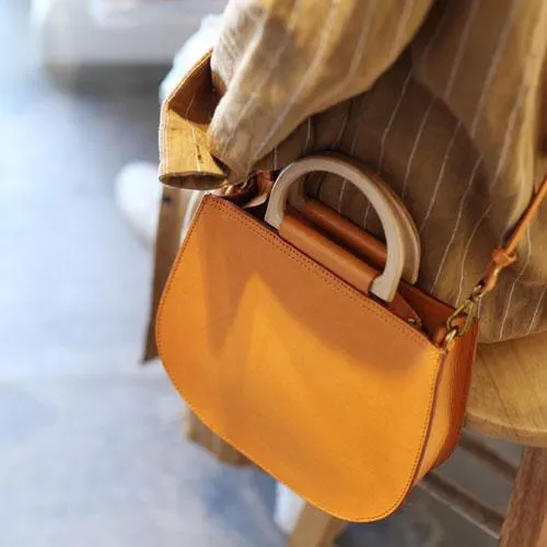 Fashion Womens Leather Circle Handle Shoulder Handbag Black Wooden Round Shaped Side Purses