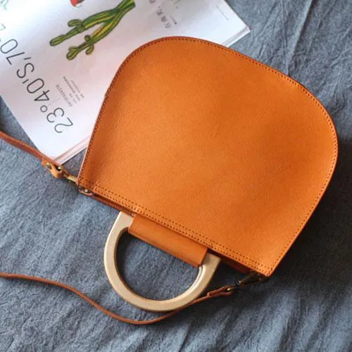 Fashion Womens Leather Circle Handle Shoulder Handbag Black Wooden Round Shaped Side Purses