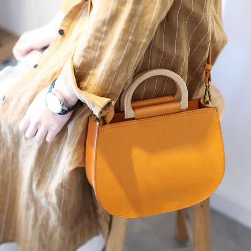 Fashion Womens Leather Circle Handle Shoulder Handbag Black Wooden Round Shaped Side Purses