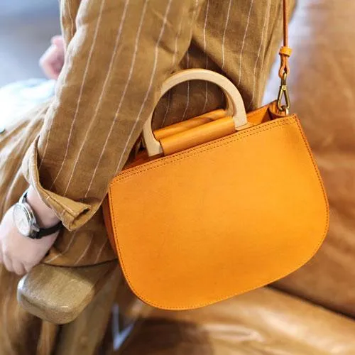 Fashion Womens Leather Circle Handle Shoulder Handbag Black Wooden Round Shaped Side Purses