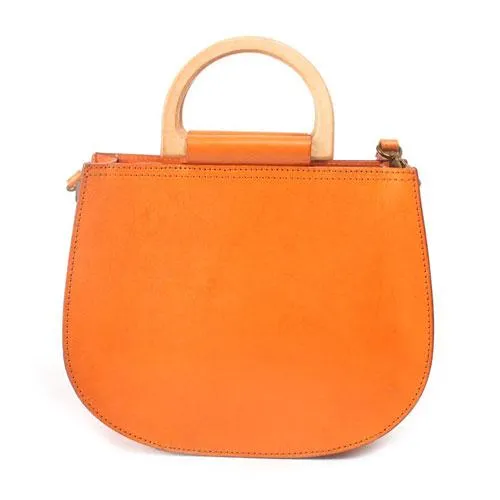 Fashion Womens Leather Circle Handle Shoulder Handbag Black Wooden Round Shaped Side Purses