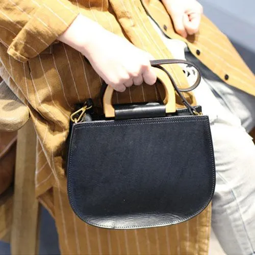 Fashion Womens Leather Circle Handle Shoulder Handbag Black Wooden Round Shaped Side Purses