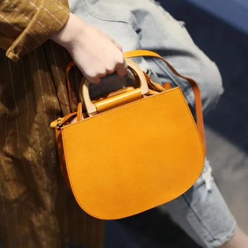 Fashion Womens Leather Circle Handle Shoulder Handbag Black Wooden Round Shaped Side Purses
