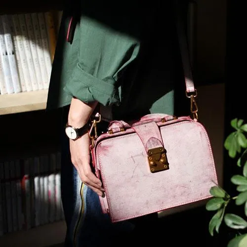 Fashion Women's Leather Pink Structured Satchel Small Doctor Handbag Shoulder Bag Purse