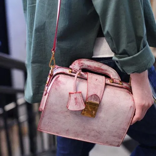 Fashion Women's Leather Pink Structured Satchel Small Doctor Handbag Shoulder Bag Purse