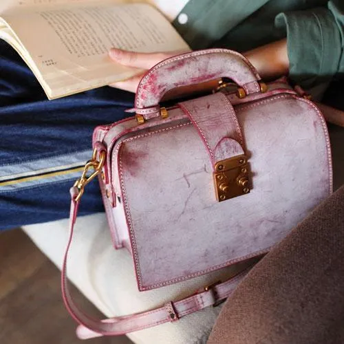 Fashion Women's Leather Pink Structured Satchel Small Doctor Handbag Shoulder Bag Purse