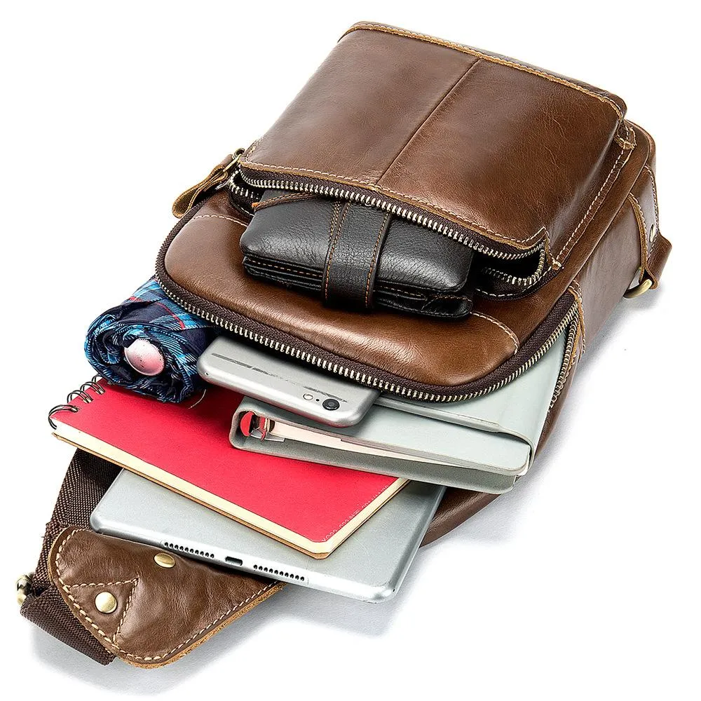 Fashionable Brown Leather Men's Chest Bag Sling Bag One Shoulder Backpack For Men