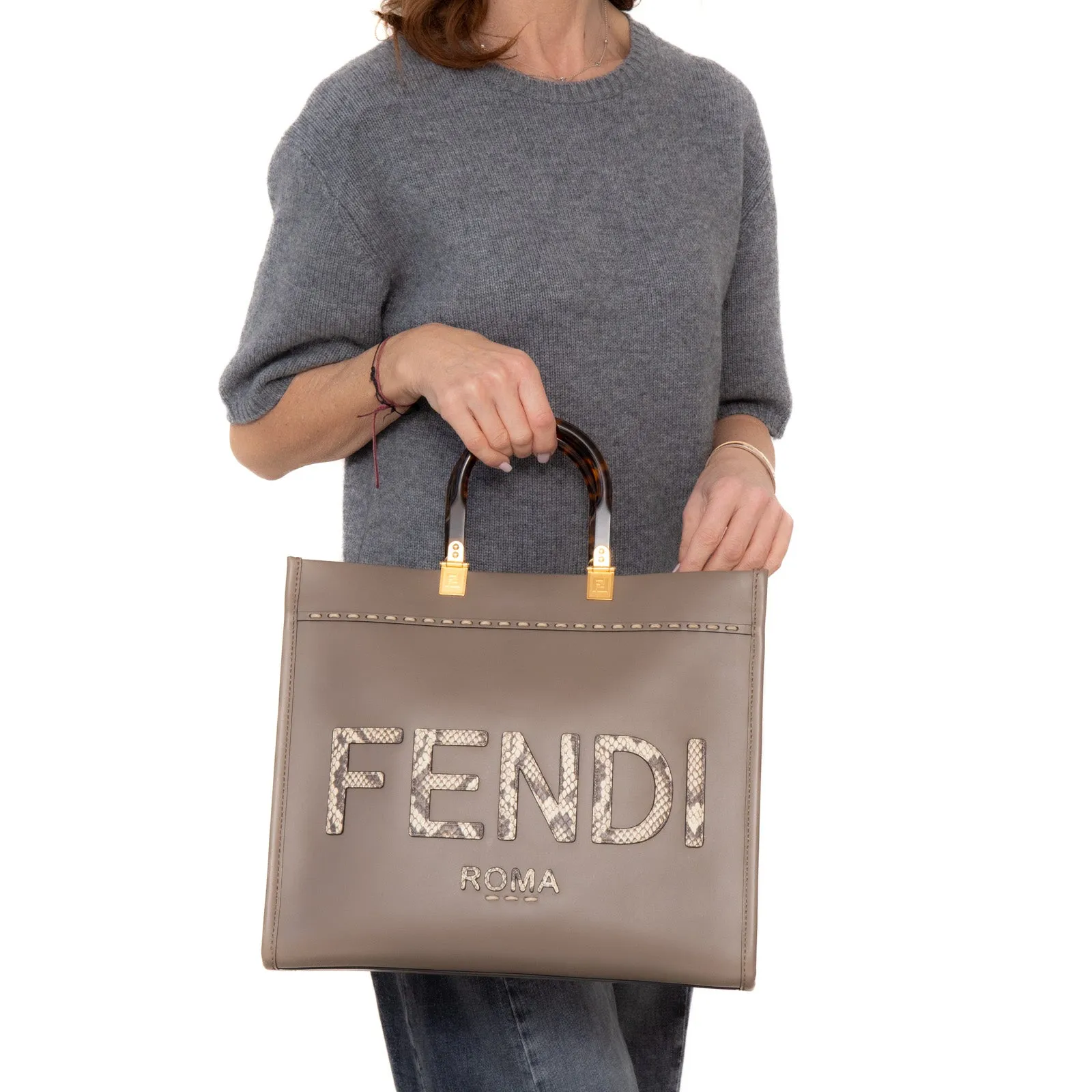 Fendi Medium Embossed Sunshine Shopper Leather Tote Bag