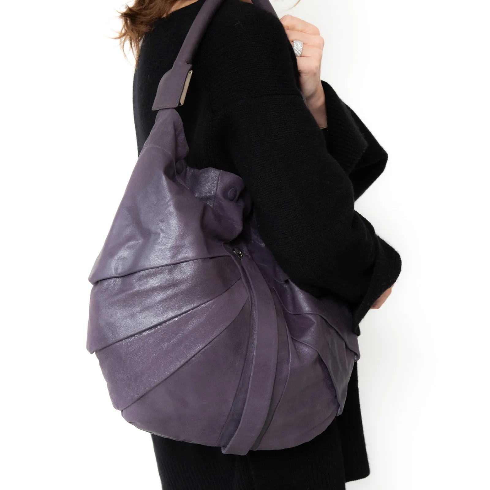 Fendi Purple Crackled Leather Pleated and Tucked Hobo Bag