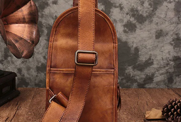Genuine Brown Leather Mens Chest Bag Woven Sling Bag Sling Pack Sling Backpack for men