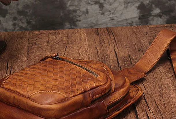 Genuine Brown Leather Mens Chest Bag Woven Sling Bag Sling Pack Sling Backpack for men