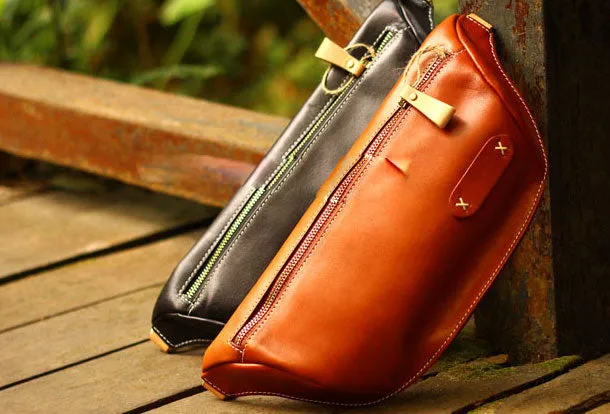 Genuine Leather Mens Chest Bag Cool Sling Bag Waist Bag Bike Bag Cycling Bag For Men
