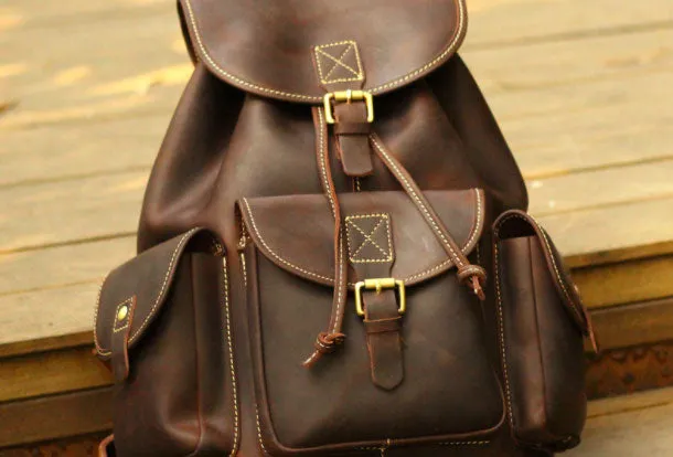 Genuine Leather Mens Cool Backpack Sling Bag Large Black Travel Bag Hiking Bag for men