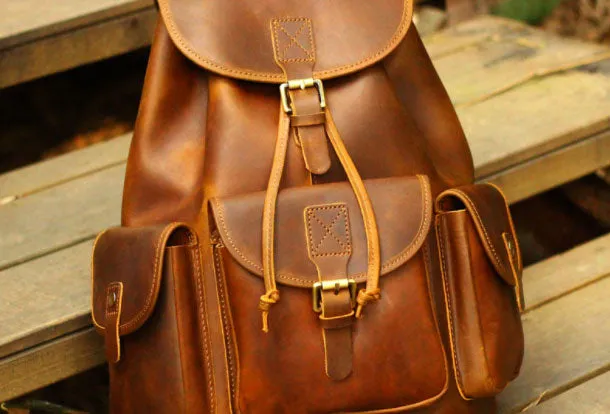 Genuine Leather Mens Cool Backpack Sling Bag Large Black Travel Bag Hiking Bag for men