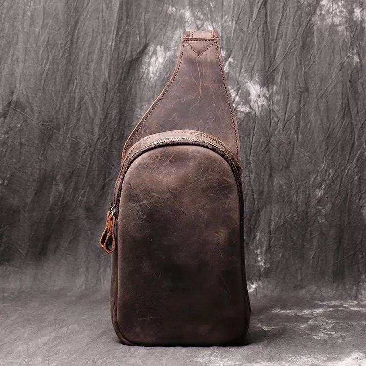 Genuine Leather Mens Cool Chest Bag Sling Bag Crossbody Bag Travel Bag Hiking Bag for men