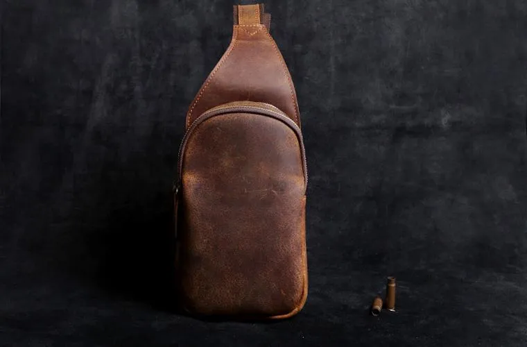 Genuine Leather Mens Cool Chest Bag Sling Bag Crossbody Bag Travel Bag Hiking Bag for men
