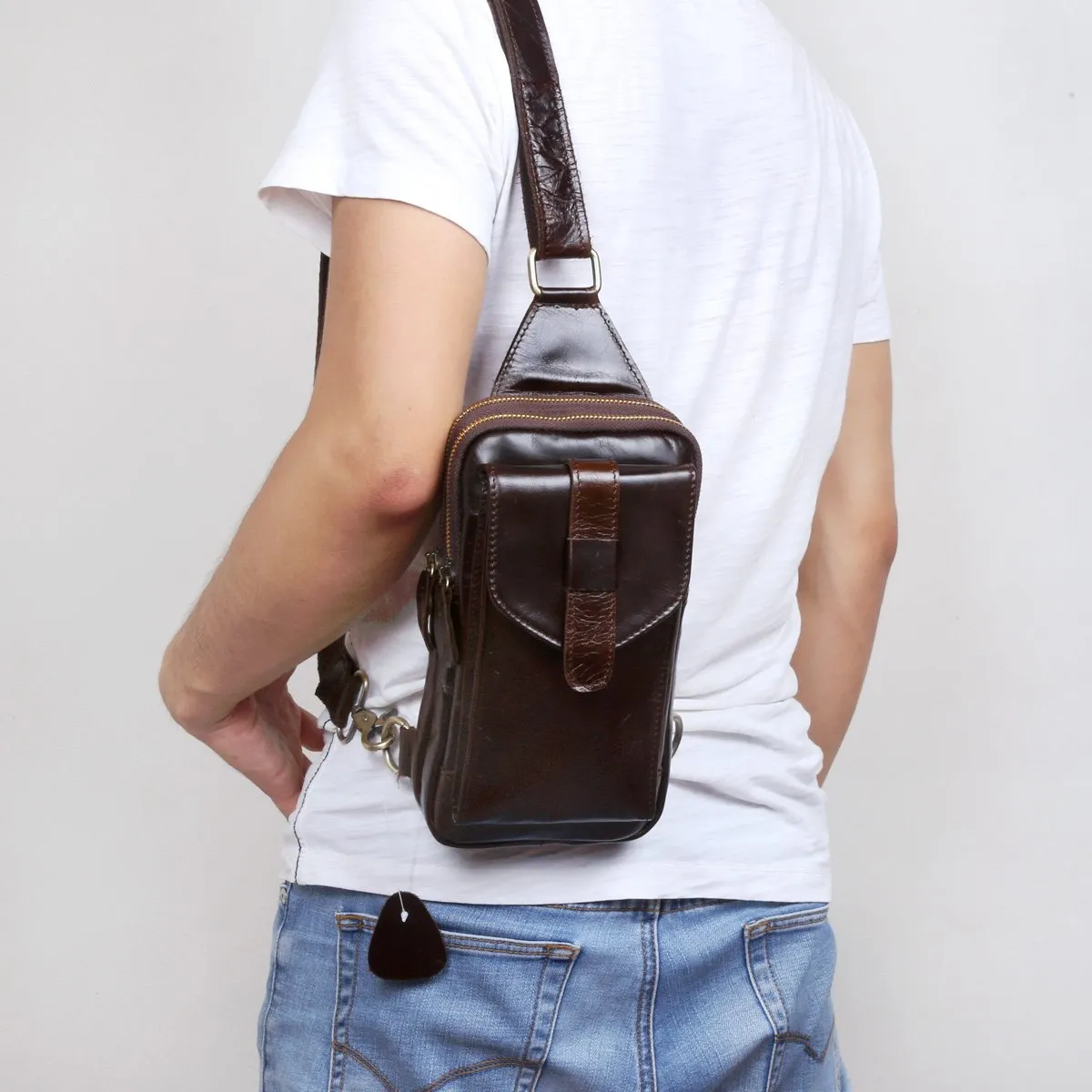Genuine Leather Mens Cool Chest Bag Sling Bag Crossbody Sling Bag Travel Sling Bag for men