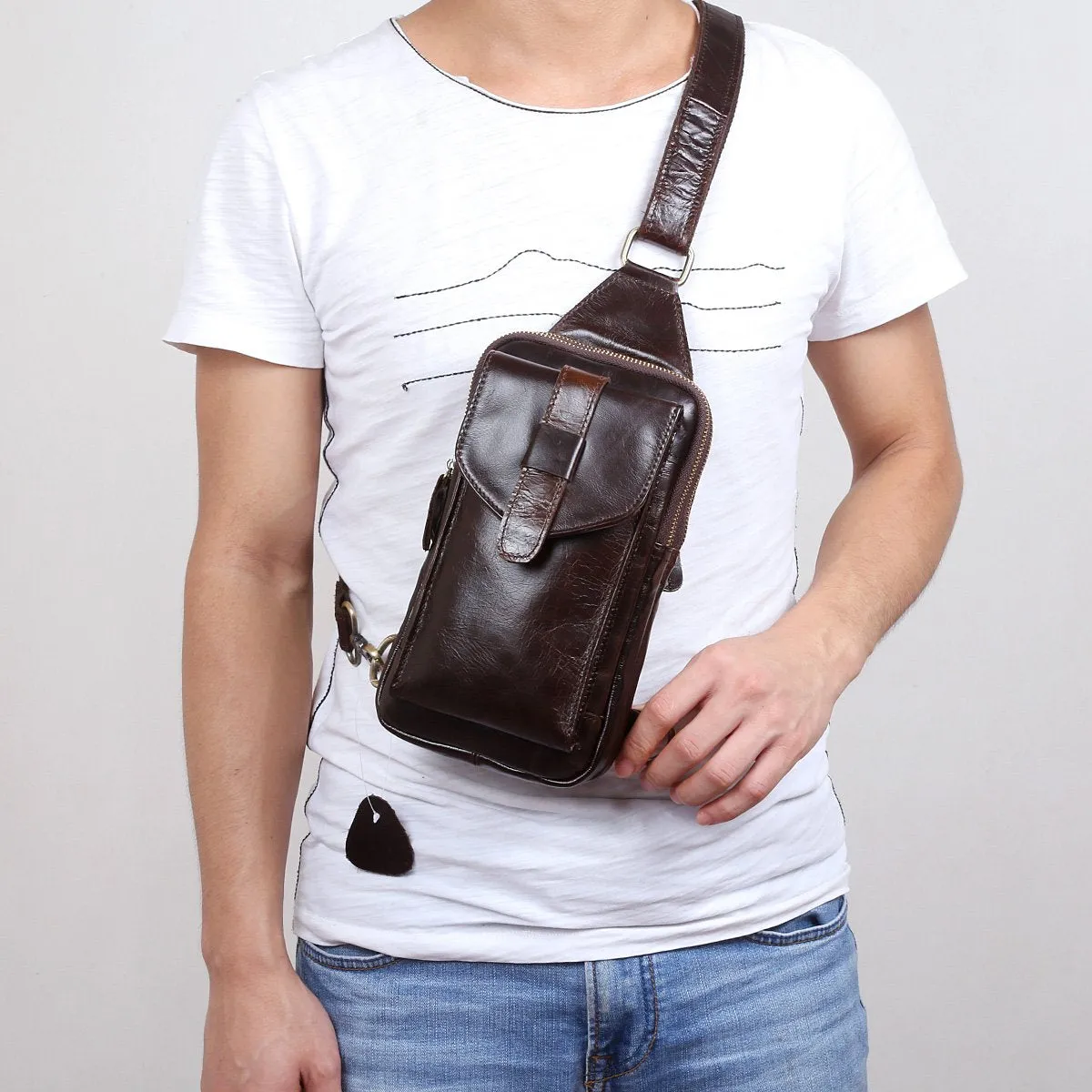 Genuine Leather Mens Cool Chest Bag Sling Bag Crossbody Sling Bag Travel Sling Bag for men