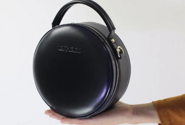 Genuine Leather round bag shoulder bag black for women leather crossbody bag