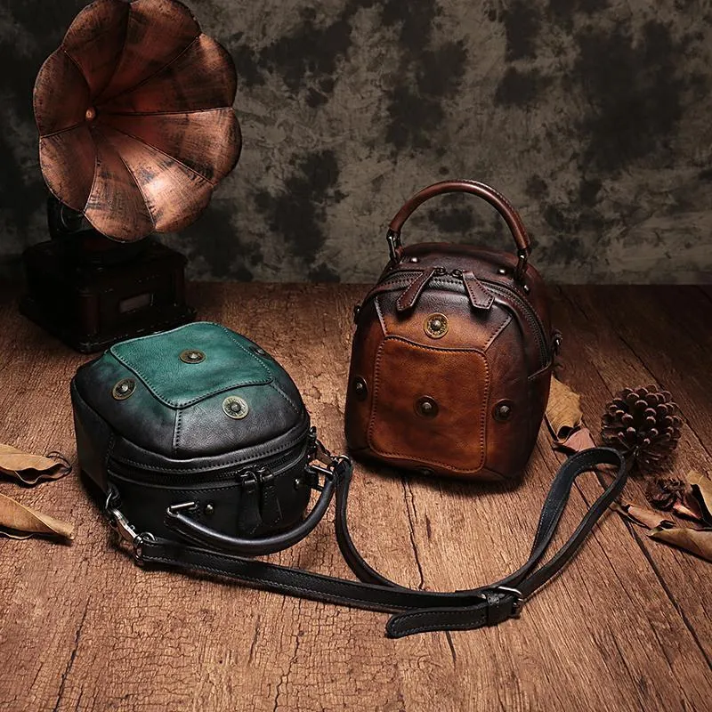 Green Geometric Vintage Womens Leather Round Brown Handbag Box Shoulder Bag Purse for Ladies