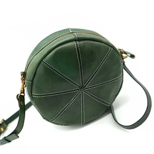 Green Womens Leather Round Side Bag Leather Circle Crossbody Purse Leather Circle Shoulder Bag