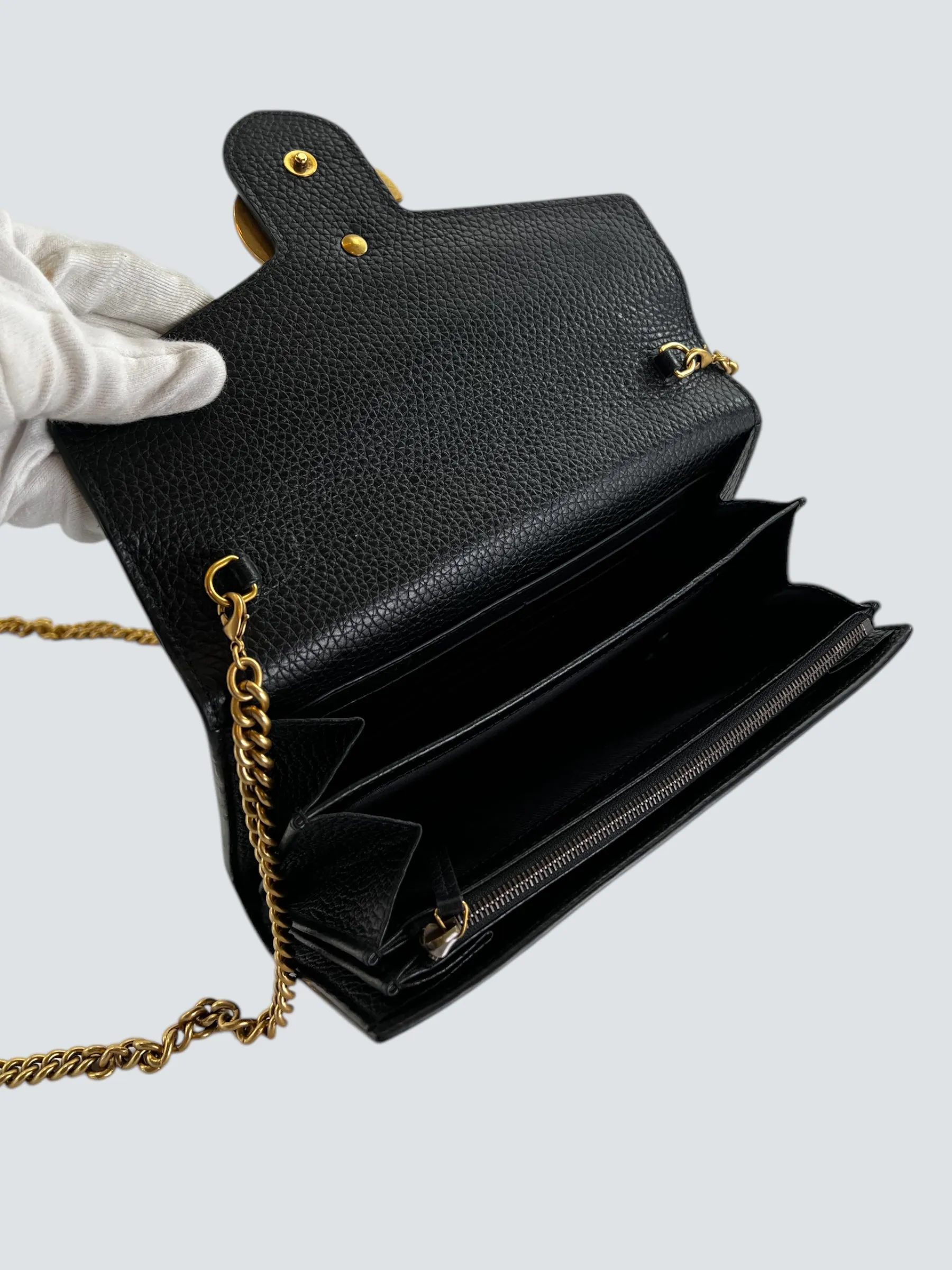 Gucci Black Leather GG Marmont Wallet on Chain