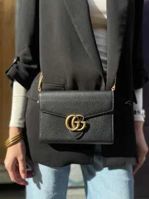 Gucci Black Leather GG Marmont Wallet on Chain