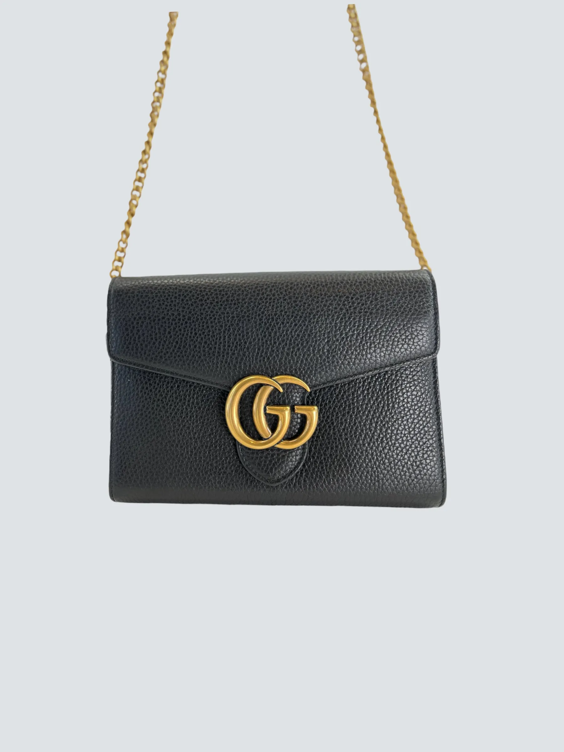 Gucci Black Leather GG Marmont Wallet on Chain