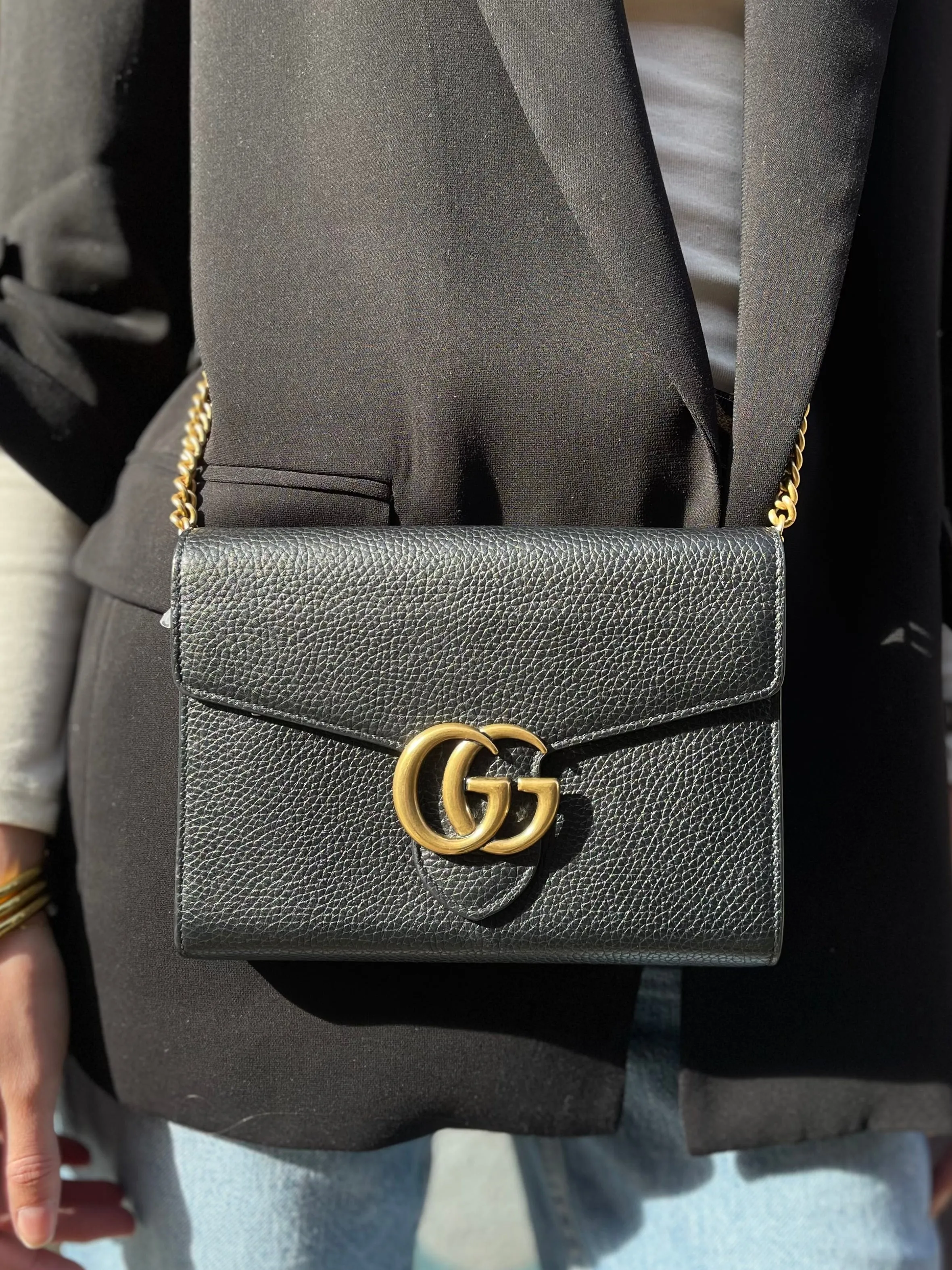Gucci Black Leather GG Marmont Wallet on Chain