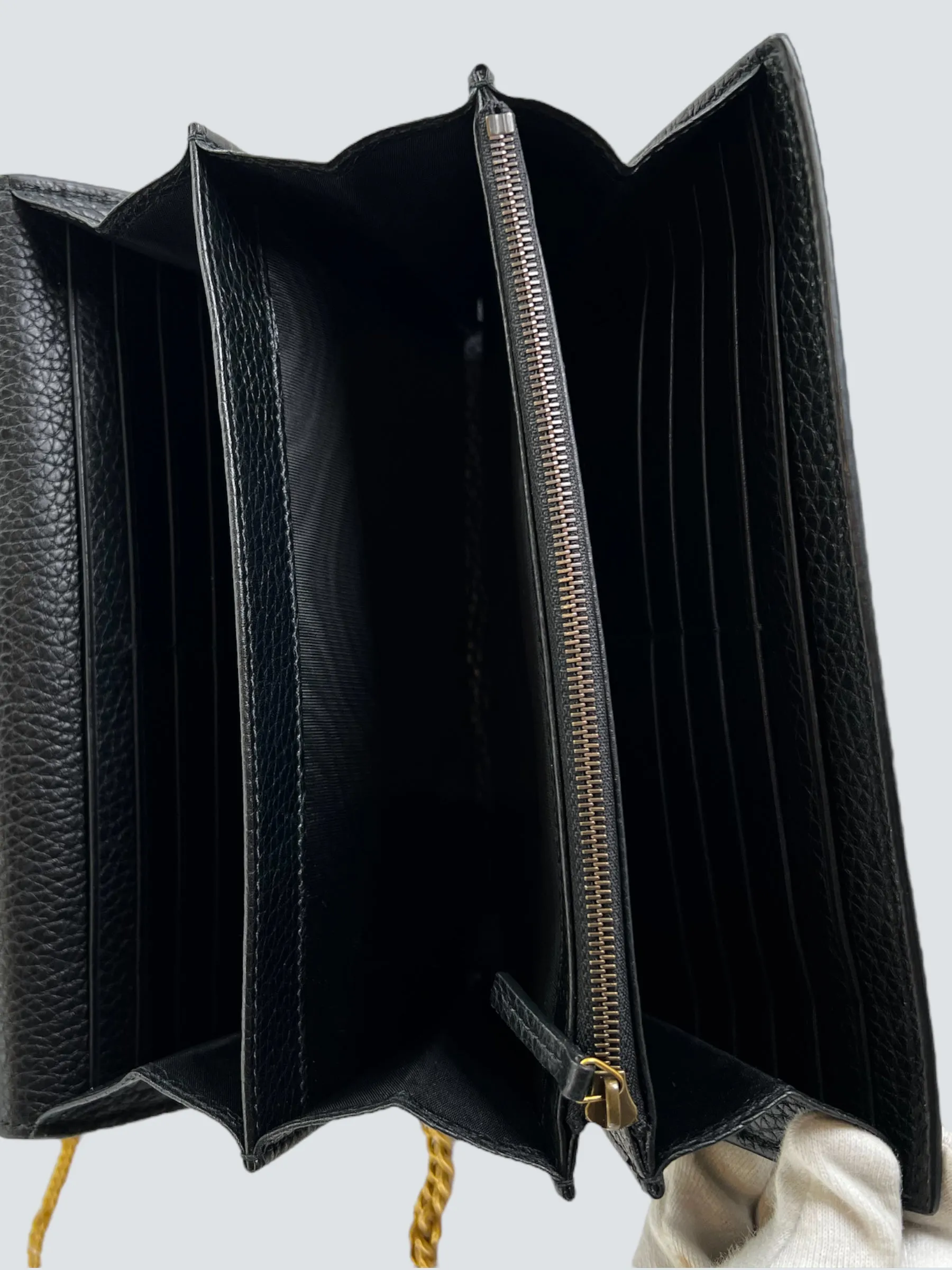 Gucci Black Leather GG Marmont Wallet on Chain