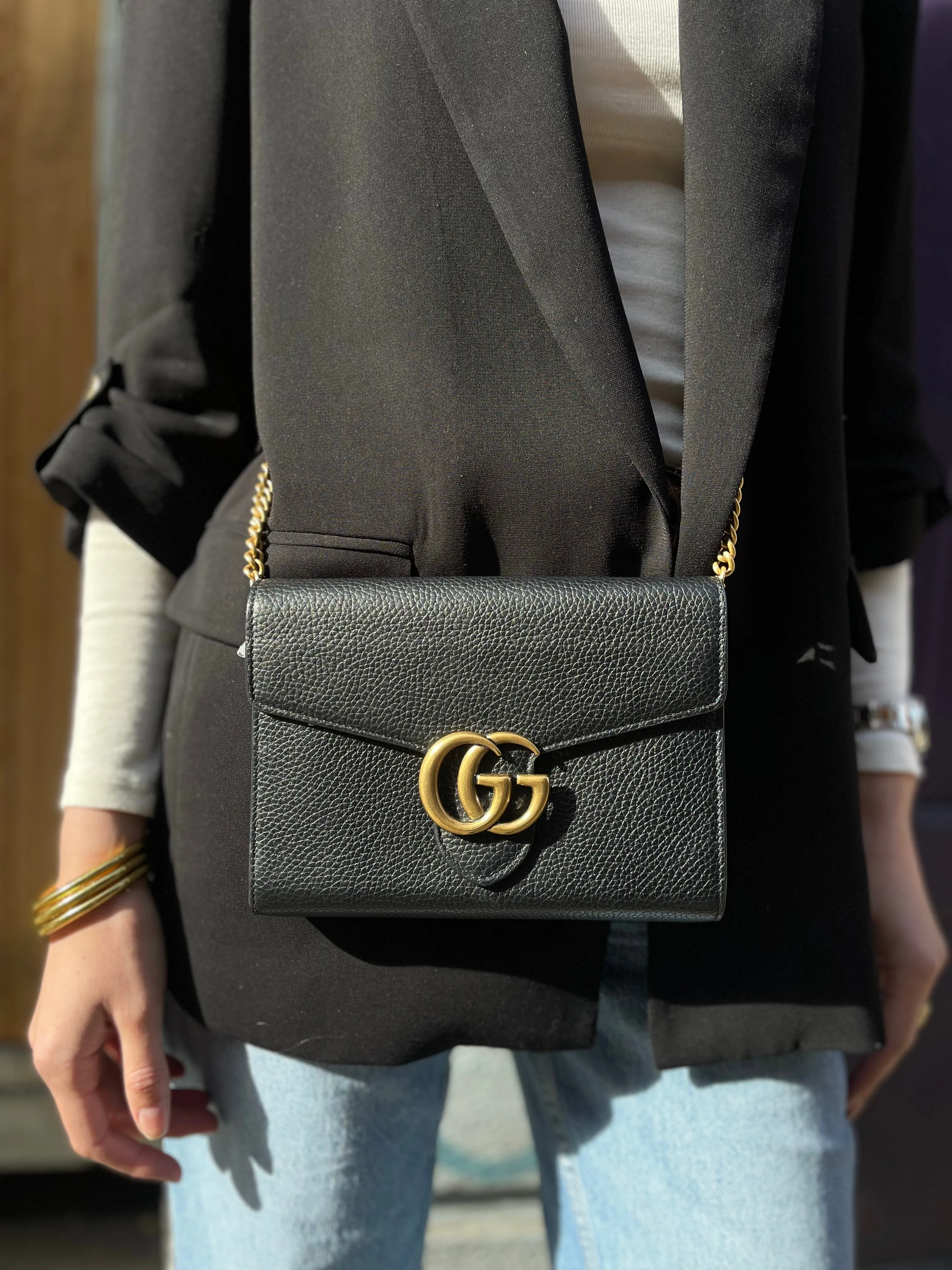 Gucci Black Leather GG Marmont Wallet on Chain