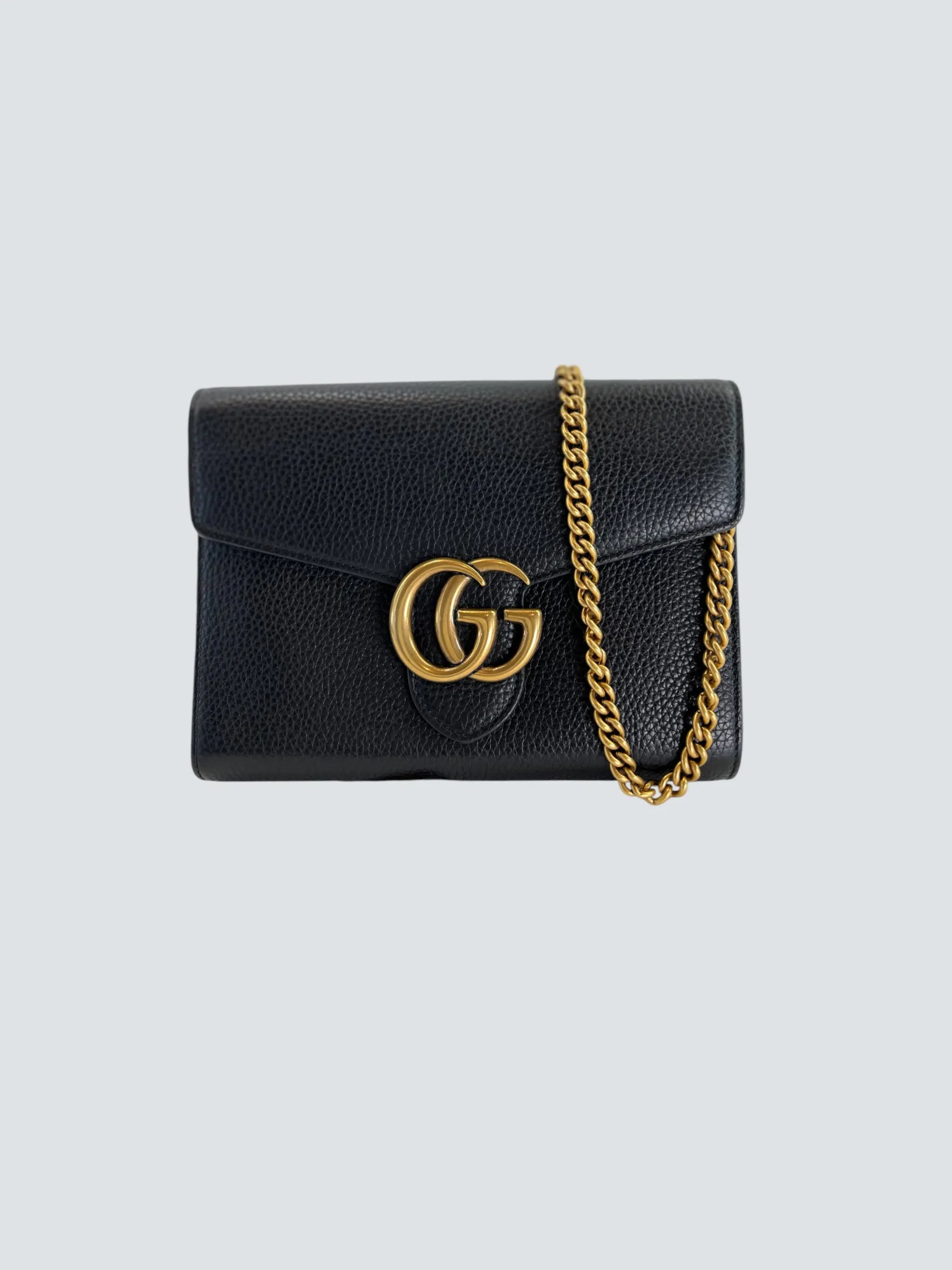 Gucci Black Leather GG Marmont Wallet on Chain
