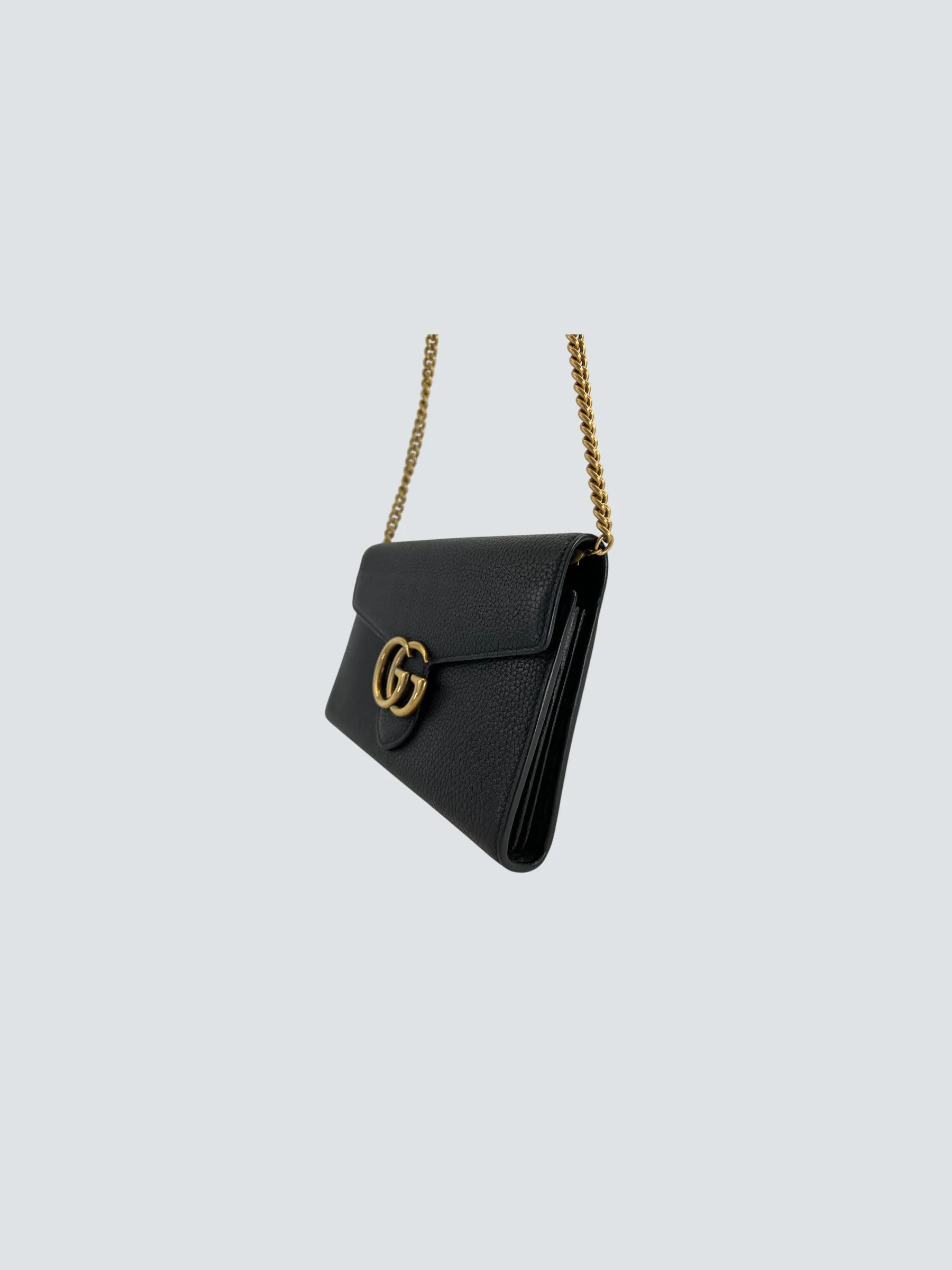 Gucci Black Leather GG Marmont Wallet on Chain