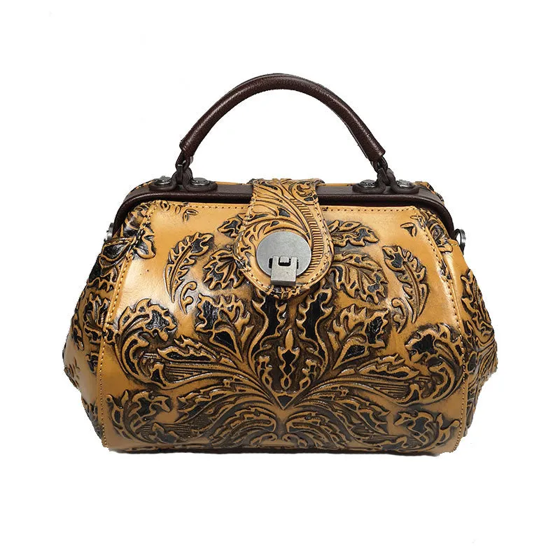 Handamde Womens Black Leather Doctor Handbag Purses Floral Black Doctor Crossbody Purse for Women