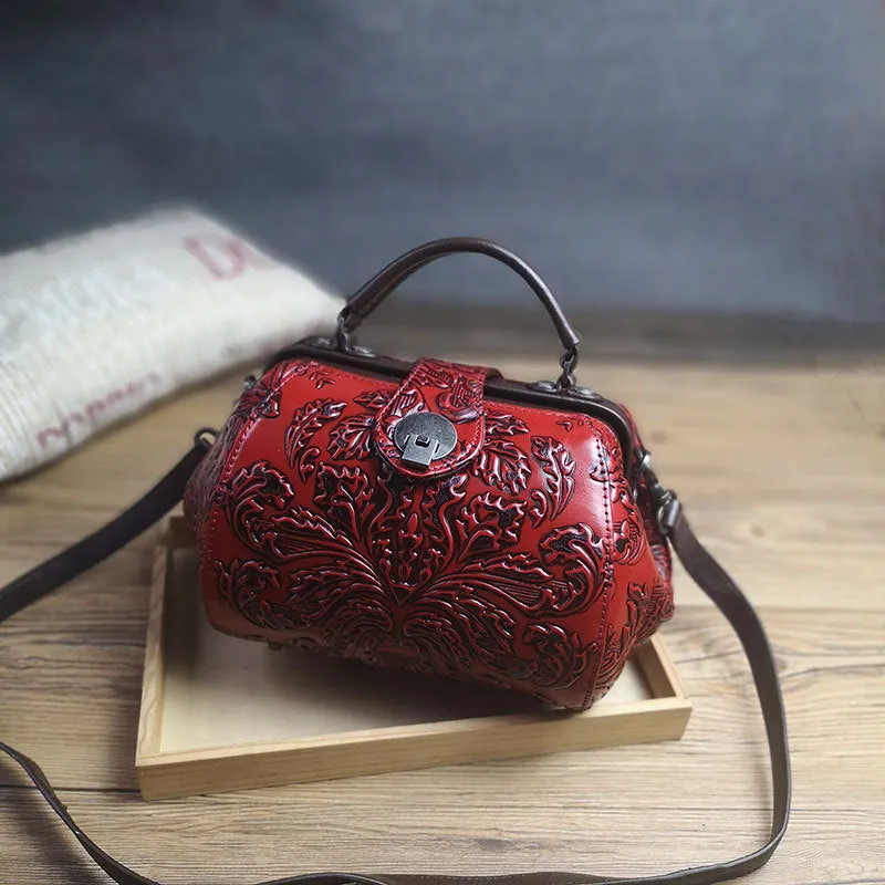 Handamde Womens Black Leather Doctor Handbag Purses Floral Black Doctor Crossbody Purse for Women