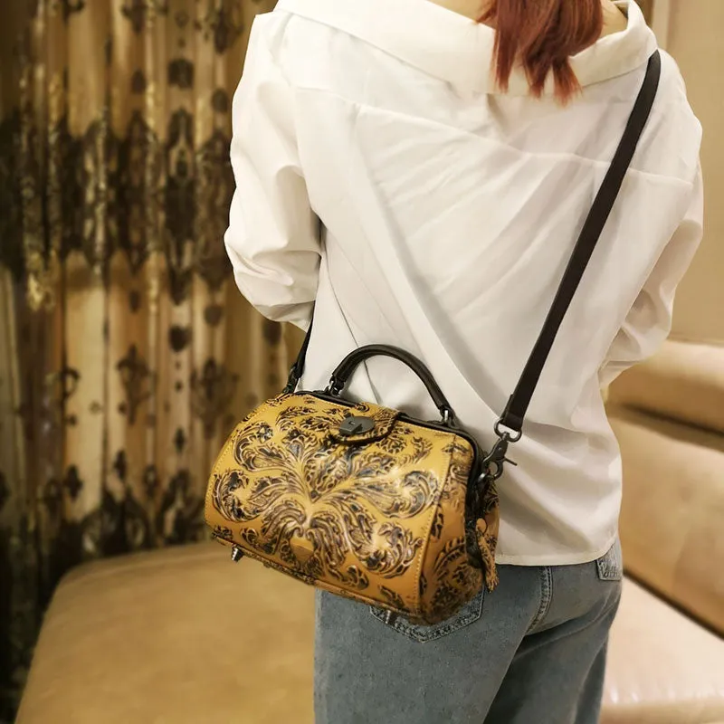 Handamde Womens Red Leather Doctor Handbag Purses Floral Red Doctor Crossbody Purse for Women